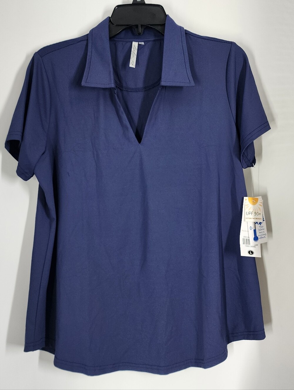 NEW Lulu-B Size Large Collar Knit Top Shirt Solid Blue Short Sleeve UPF 50+